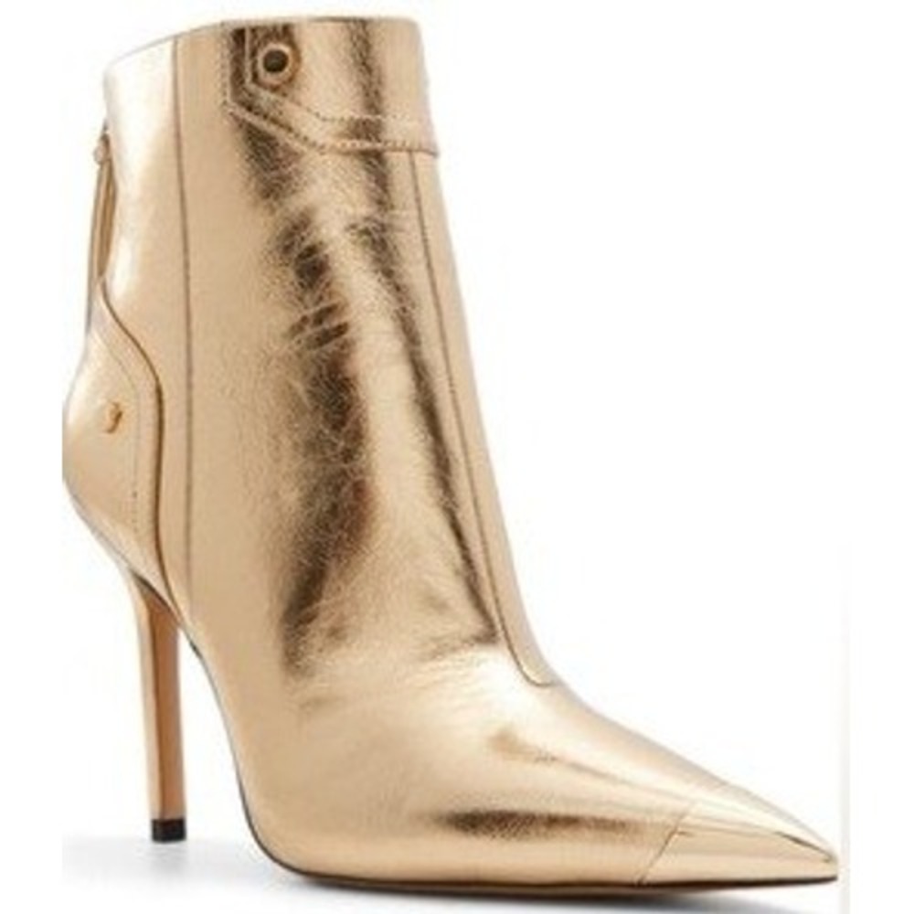 Aldo Nilita Gold Metallic Pointed Toe Stiletto Ankle Boots Rear Zip Tassel 9